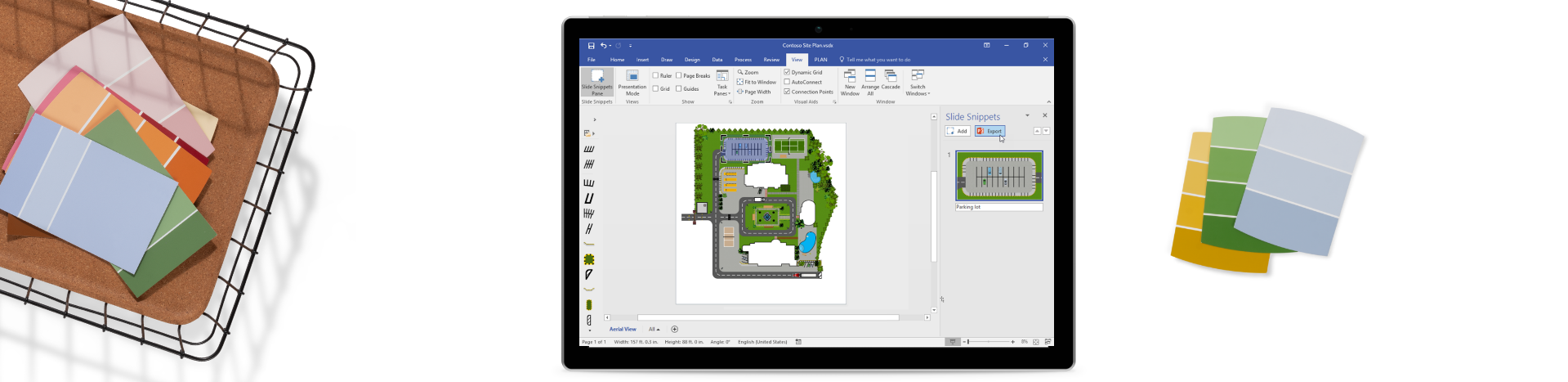 Multiple paint swatches in a basket and a tablet device showing a floorplan in Powerpoint.