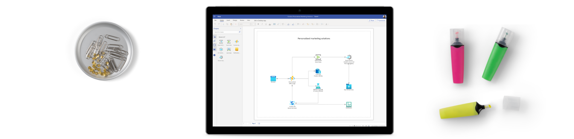 A few highlighters, paperclips and a tablet device showing network diagrams in Microsoft Azure.