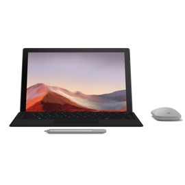 Ordinateur hybride Surface Pro 7 avec son clavier Type Cover, la souris Mobile Mouse et le stylet Surface Pen