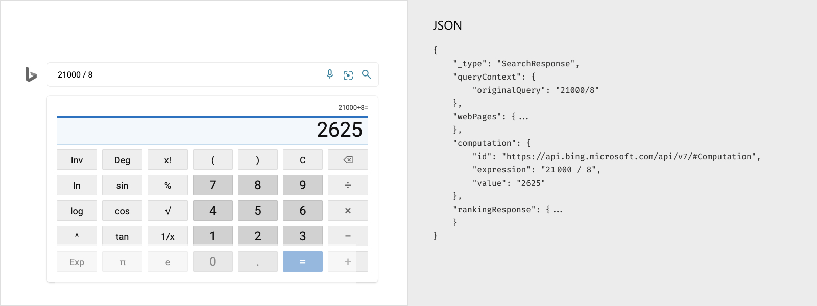 Illustrates a computational query that asks what the result of 21000 divided by 8 is. Includes the representative API JSON response.
