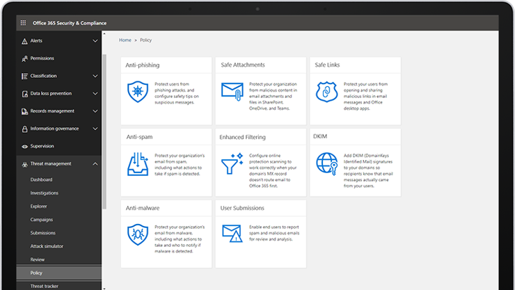 Screenshot of an admin portal containing various threat protection policies for configuration.