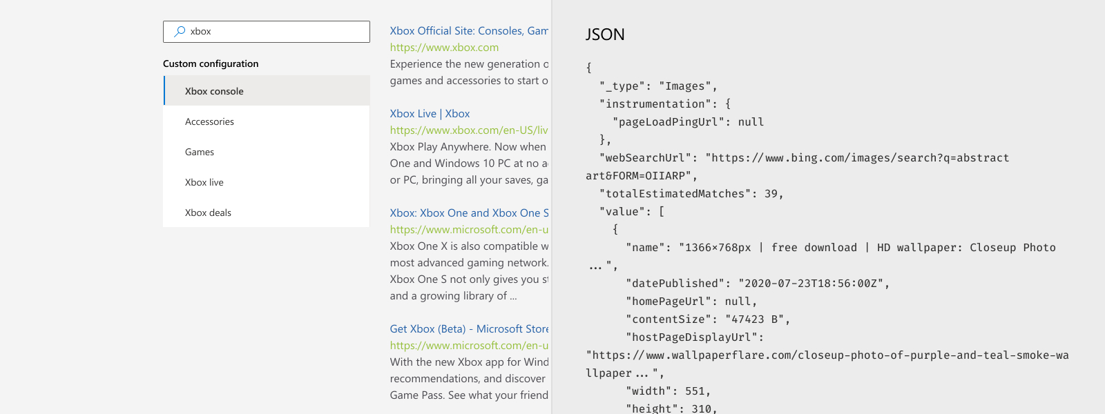 Illustration of JSON response in Bing Custom Search API.
