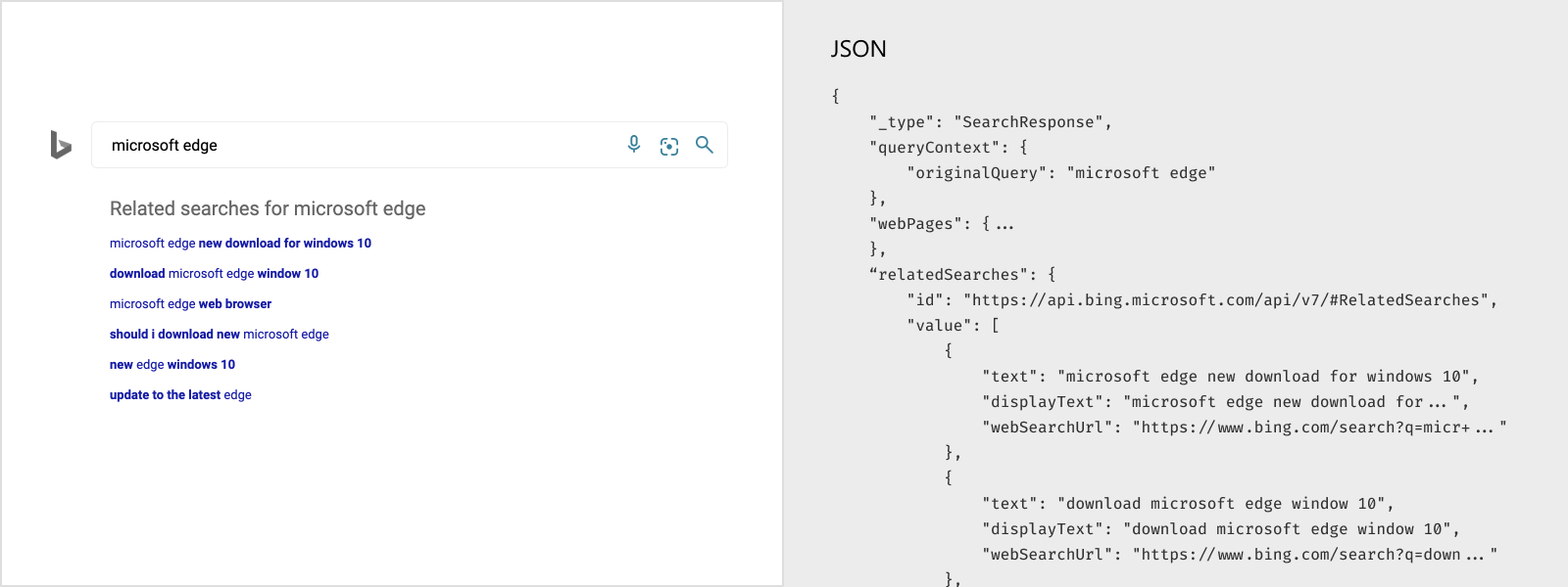 Illustrates the related searches results in a search experience. Includes the representative API JSON response.