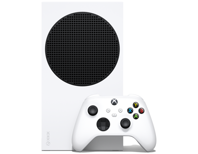 Xbox Series S-konsol med Xbox trådlös handkontroll i Robot White sedd framifrån