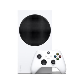 Vorderansicht der Xbox Series S-Konsole mit Xbox Wireless Controller in Robot White.