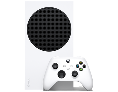 Xbox Series S Console with Xbox wireless controller robot white, facing forward.