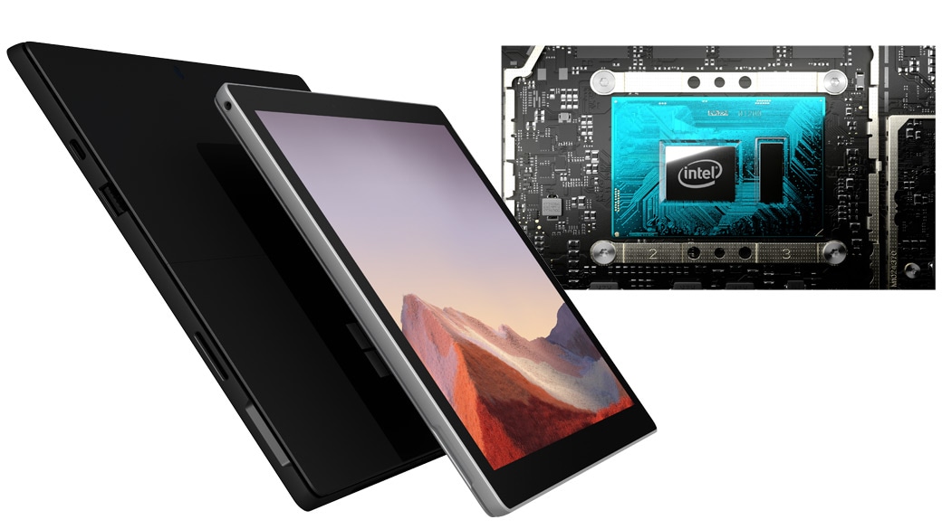 Surface Pro 7 10th Gen Intel® Core™ processor shown next to a front and rear-facing Pro 7 computers