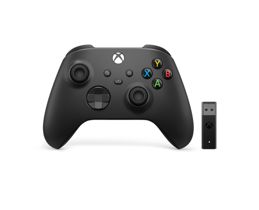 Forsiden af den trådløse Xbox-controller + den trådløse adapter til Windows 10
