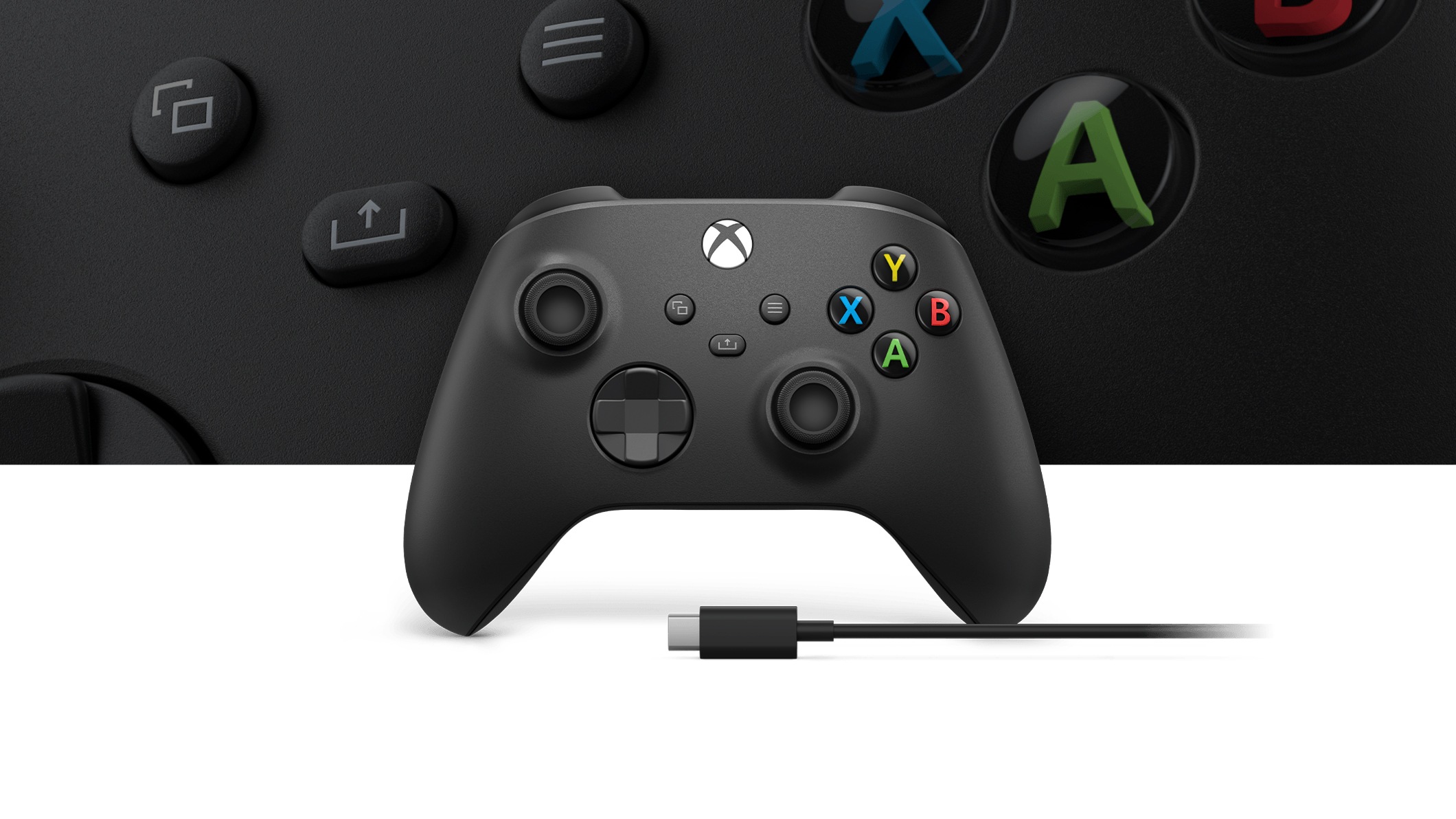 Xbox Wireless Controller + USB-C® Cable with a close-up view of the controller in the background 
