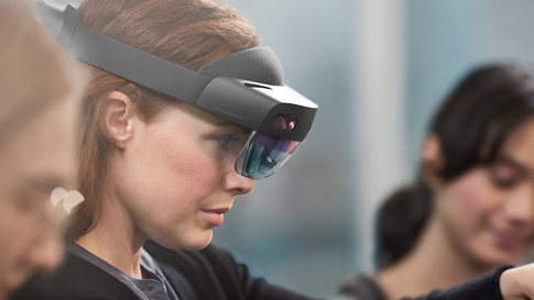 A person wearing a HoloLens.