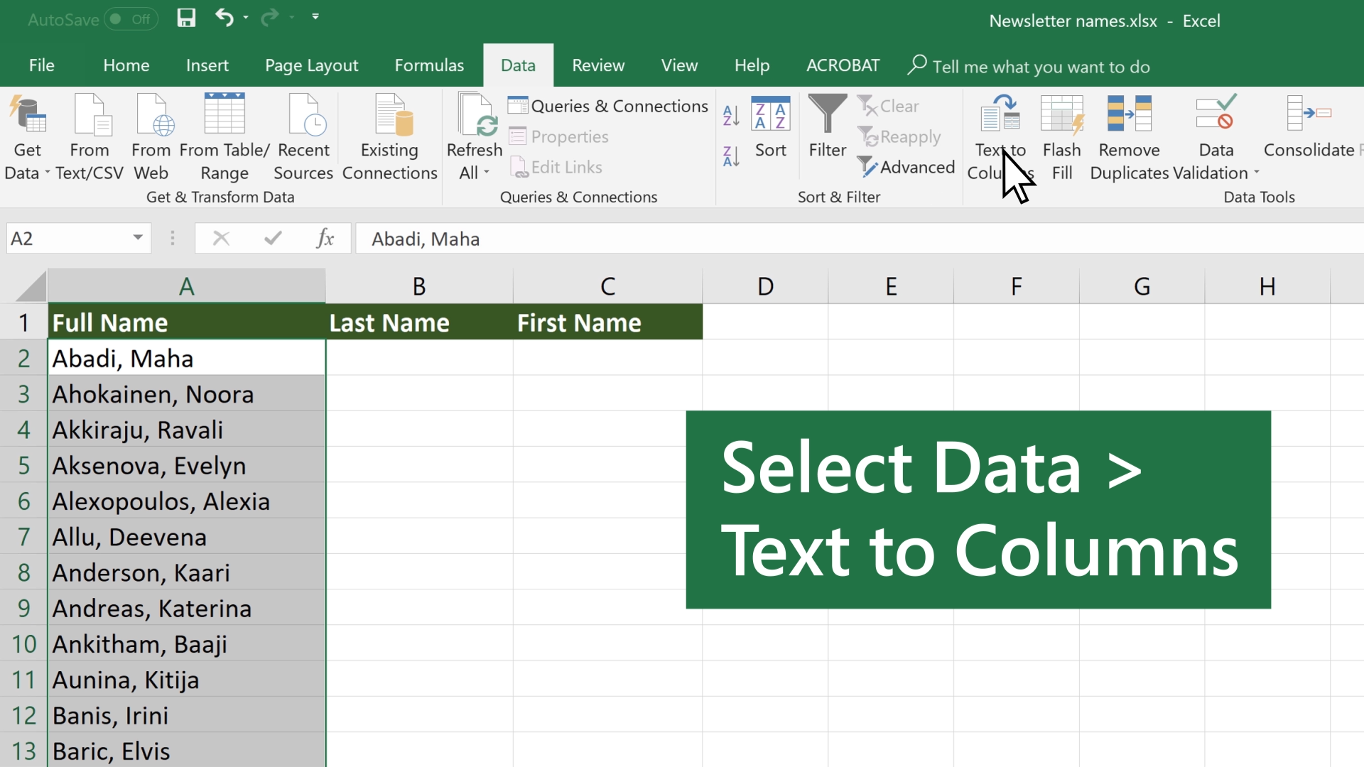 Jak rozdělit dvě slova v Excelu?