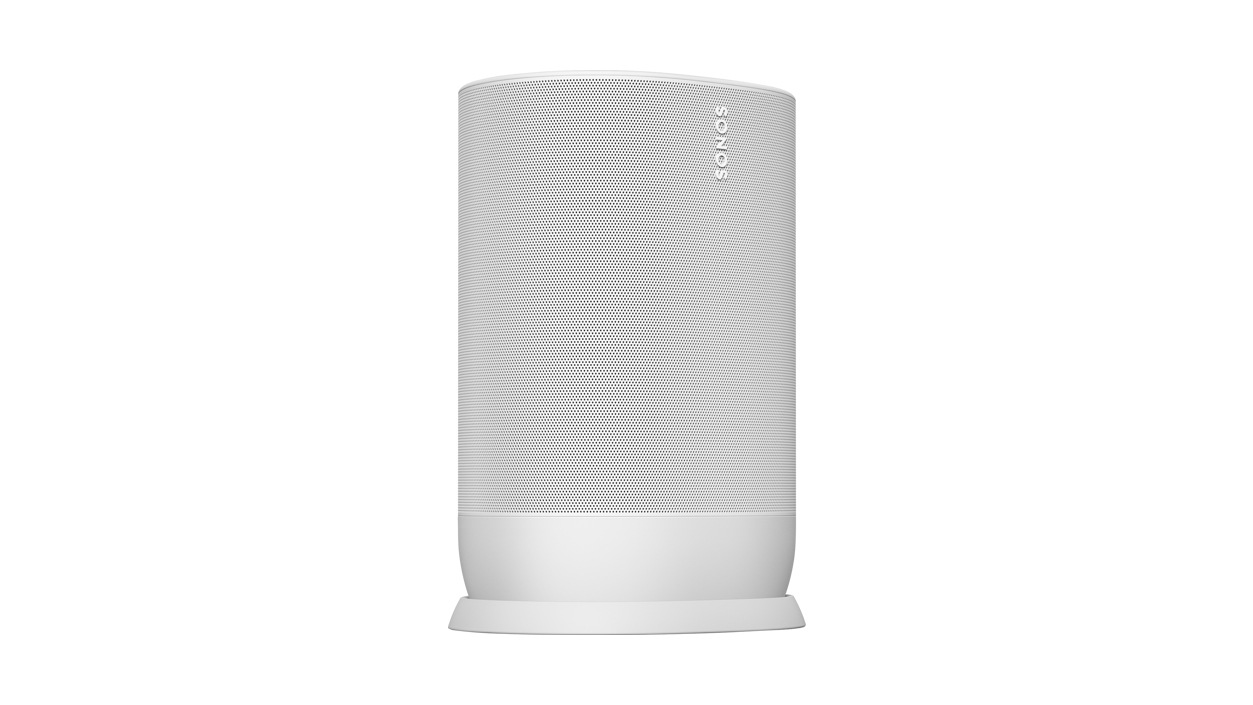 Angled view of Sonos Move in white.