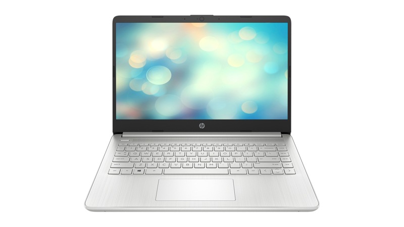 HP 14 Laptop finished in natural silver with 14 inch micro-edge display, tuned stereo speakers, full-size keyboard, and HP True Vision 720p HD camera