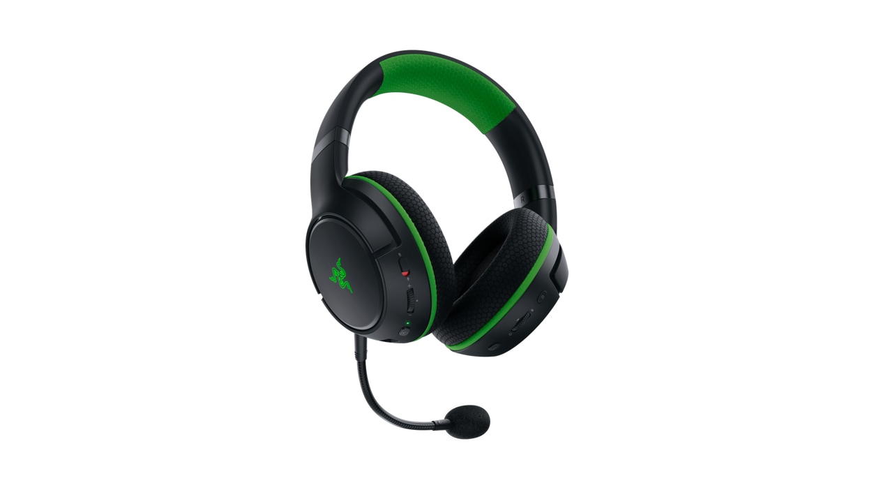 Angled view of Razer Kaira Pro Wireless Gaming Headset for Xbox Series X|S with microphone from below.