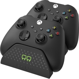 Front angled view of Venom Twin Docking Station Gen 2 in Black with two black Xbox One controllers connected