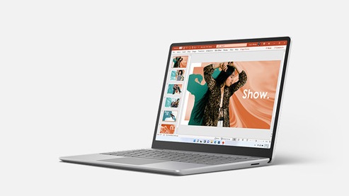 Surface Laptop Go 8GB/256GB with PowerPoint on-screen.
