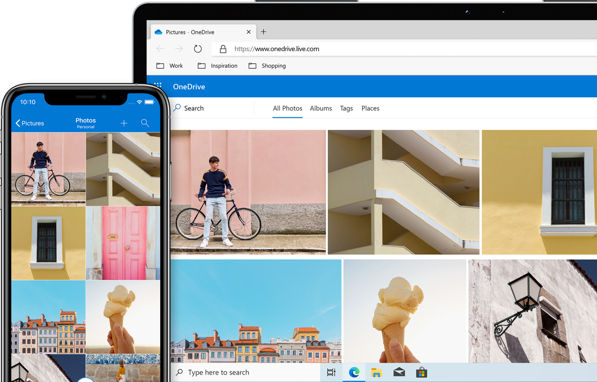 A mobile phone and a tablet both displaying photos stored in OneDrive.