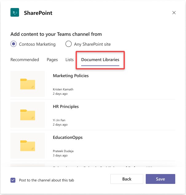Use Sharepoint Tab To Add Pages Lists Or Document Libraries To A