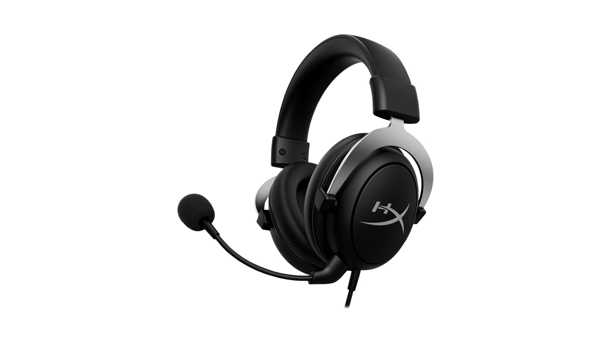Front right view of the Kingston HyperX CloudX Gaming Headset with boom mic attached.