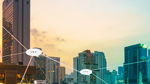 Chat bubbles across a skyline
