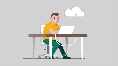 Illustration d’un homme travaillant sur un ordinateur portable connecté au nuage