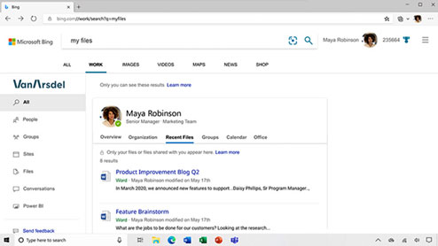 Bing Search results page showing the recent files an employee has been working on.