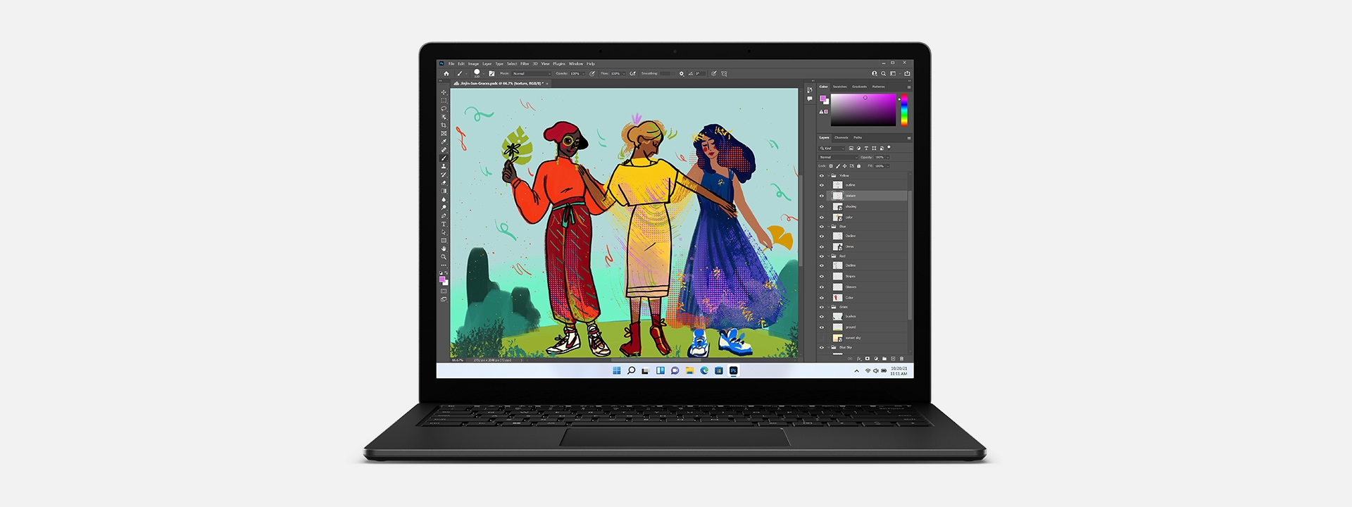 Adobe Premiere を起動しているマットブラックの Surface Laptop 4 の正面図