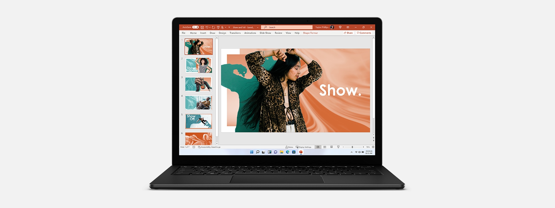 A Surface Laptop 4 with a PowerPoint presentation of women's fashion.