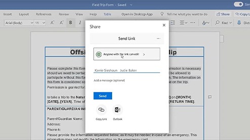 Отправка ссылки для предоставления общего доступа к документу Microsoft Word