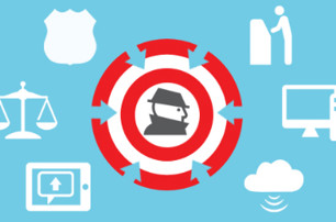 Graphic with a bad actor in the middle surrounded by red and white circular bands and arrows, outside the circles are six symbols including a shield, a scale, a mobile device, the cloud, a desktop computer, a person at a kiosk like an ATM
