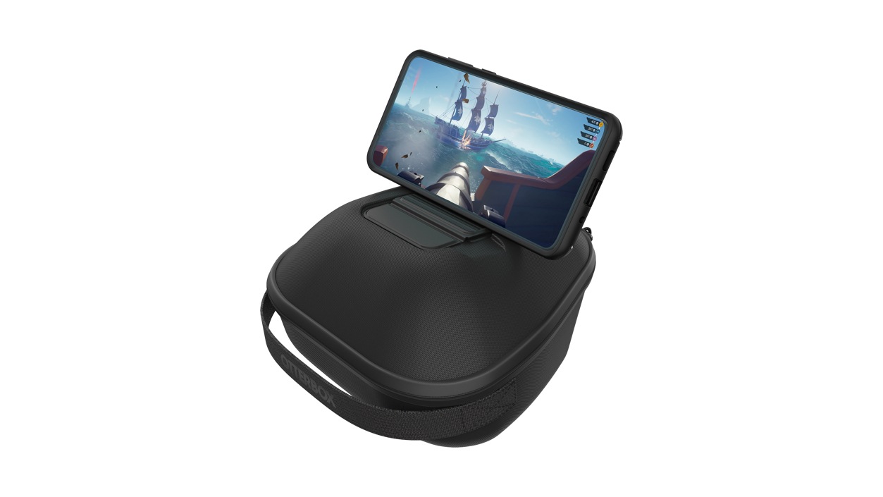 An OtterBox Gaming Carry Case with smartphone attached 