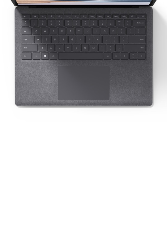 ภาพระยะใกล้ของ Surface Laptop 4 หุ้มวัสดุ Alcantara สีเงินแพลตินัม