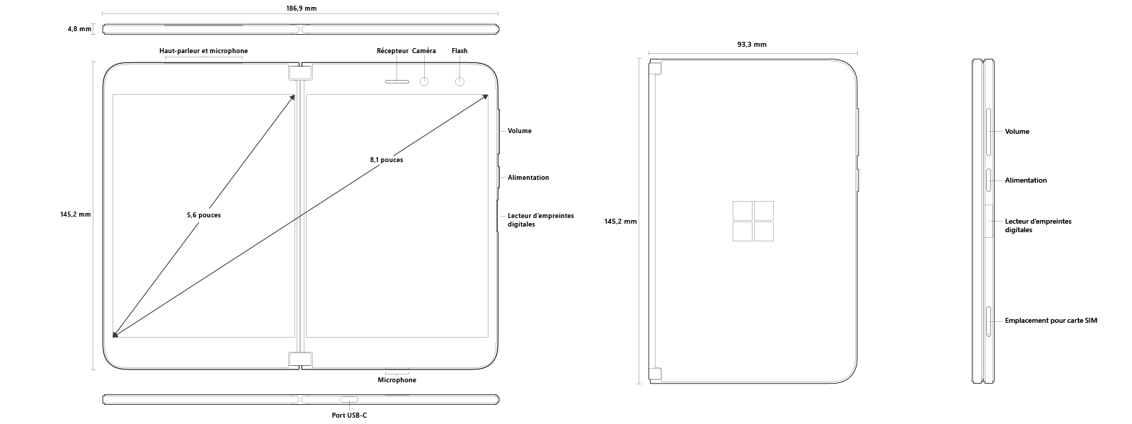 Un diagramme du Surface Duo montrant les dimensions des deux écrans, l’appareil fermé et une vue latérale.