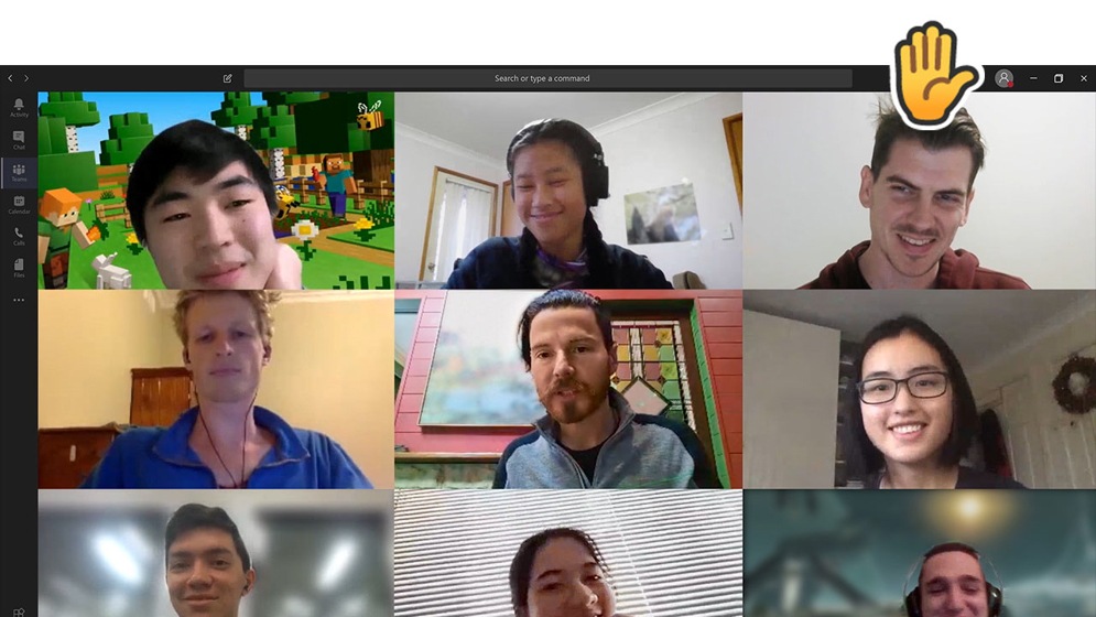 Nine people participating in a Teams video call. 