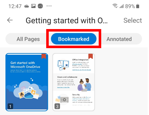 View bookmarked pages in thumbnail mode.