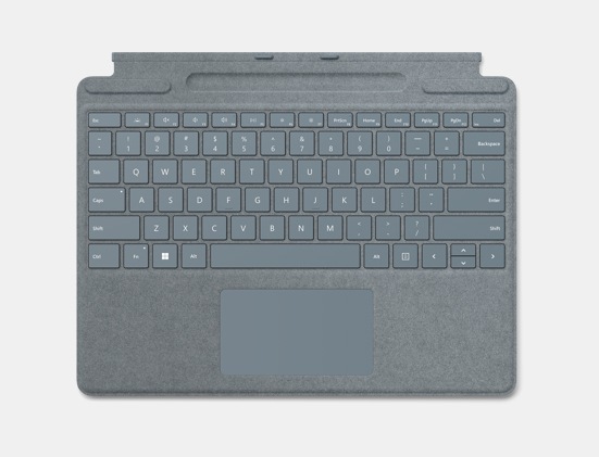 Top down view of a Surface Pro Signature Keyboard for Business in Ice Blue.