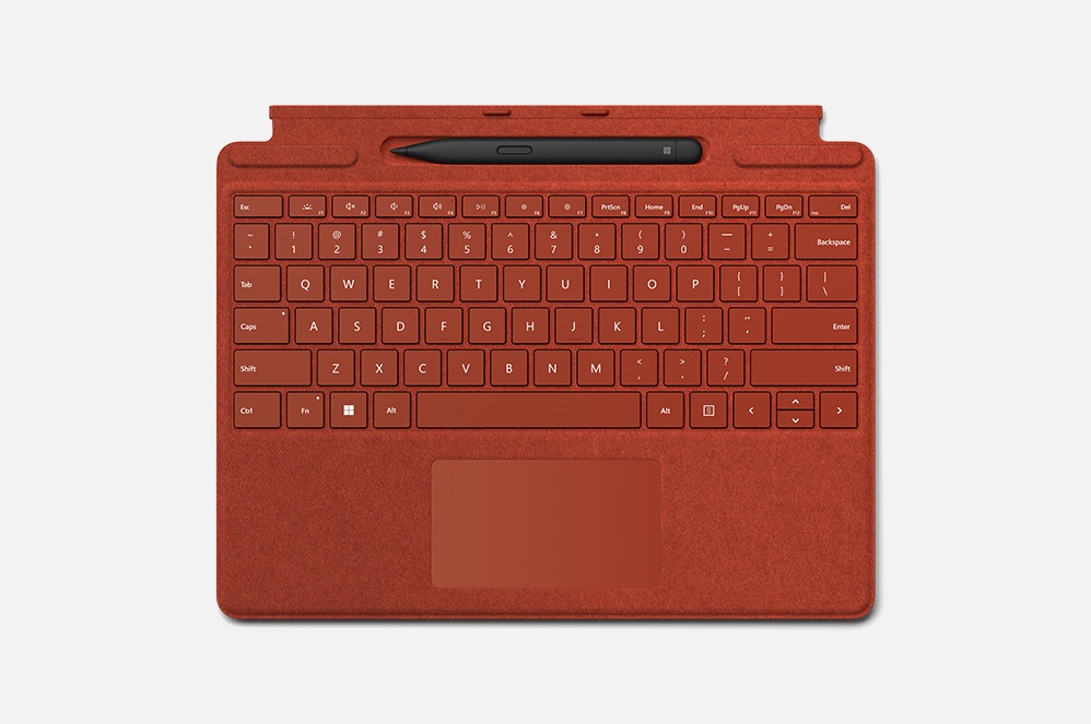 Surface Pro Signature Keyboard with Surface Slim Pen 2 stored.