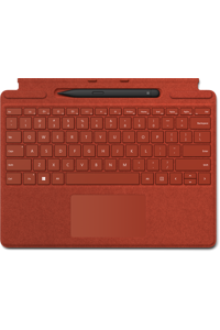  Top down view of poppy red Surface Pro Signature Keyboard with Slim Pen 2 in slot.