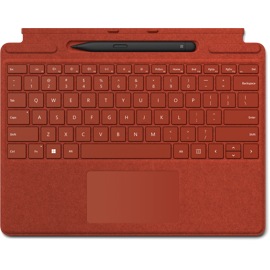 Top down view of poppy red Surface Pro Signature Keyboard with Slim Pen 2 in slot.