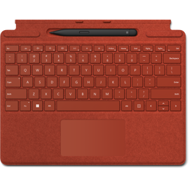 Top down view of poppy red Surface Pro Signature Keyboard with Slim Pen 2 in slot.
