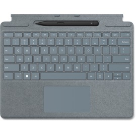 Top down view of Ice Blue Surface Pro Signature Keyboard with Slim Pen 2 in slot. 