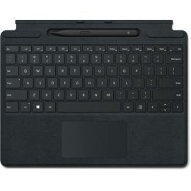 Surface Pro Signature Keyboard i sort med Slim Pen 2 i stik set ovenfra.
