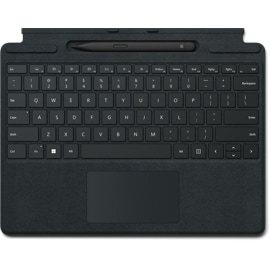 Vue plongeante d’un Clavier Surface Pro Signature de couleur noire avec un Stylet mince 2 dans son support.