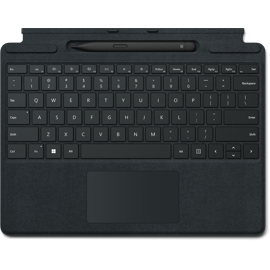 Top down view of black Surface Pro Signature Keyboard with Slim Pen 2 in slot.