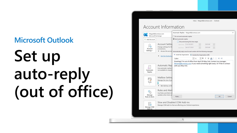 Gloed Elektronisch faillissement Set-up auto-reply (out of office) - Microsoft Support