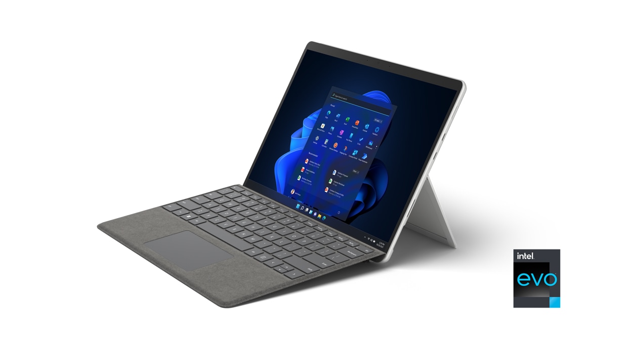 Side view of the Surface Pro 8 device with a platinum type cover attached.
