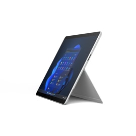 Widok z boku pod kątem na urządzenie Surface Pro X dla firm w kolorze platynowym