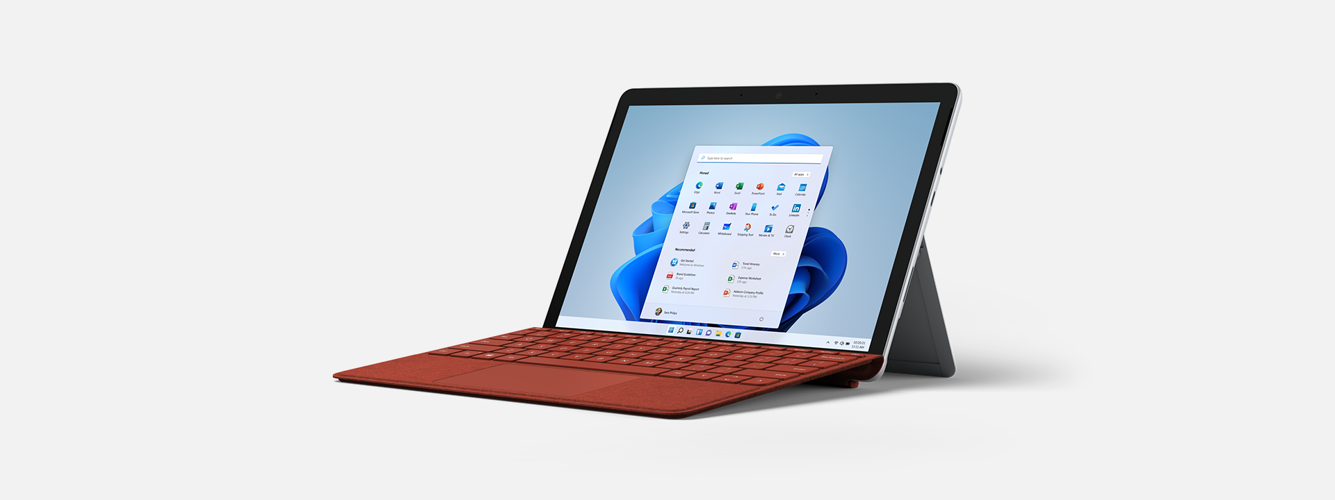 Jalustan tukema Surface Go 3 yrityksille -laite, josta näkyy näyttö ja näppäimistö.