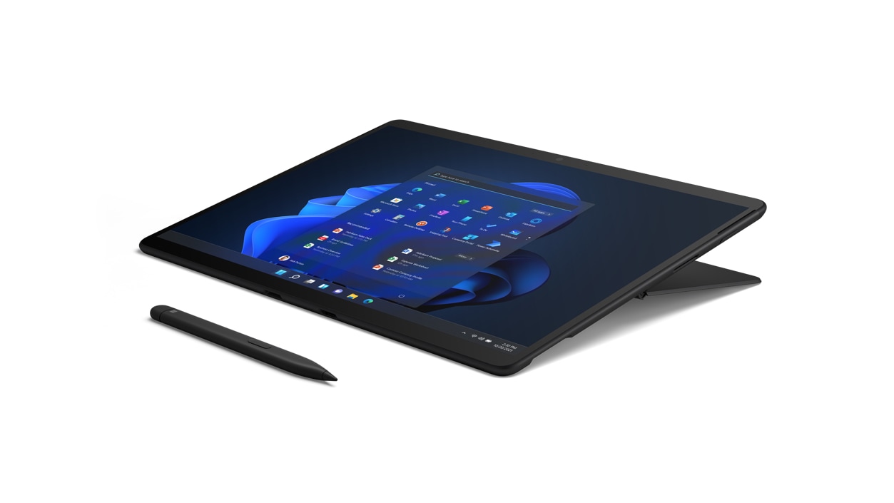 Studio angled view of the Surface Pro X for Business in black with a Surface Slim Pen.