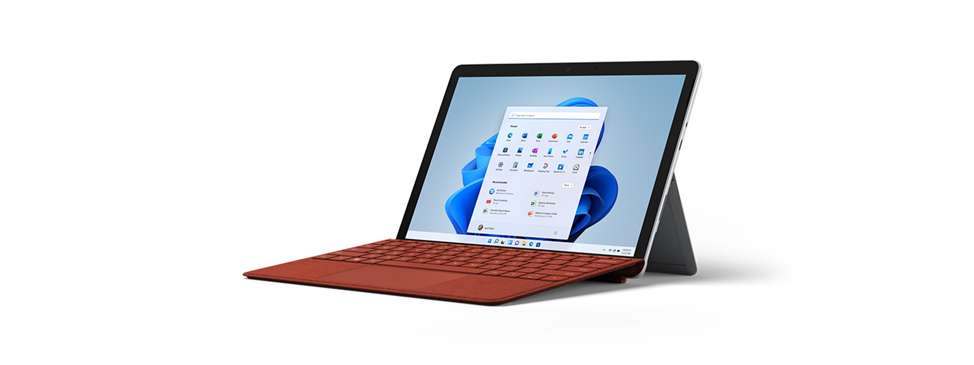 キックスタンド モードの Surface タイプ カバー付き Surface Go 3。
